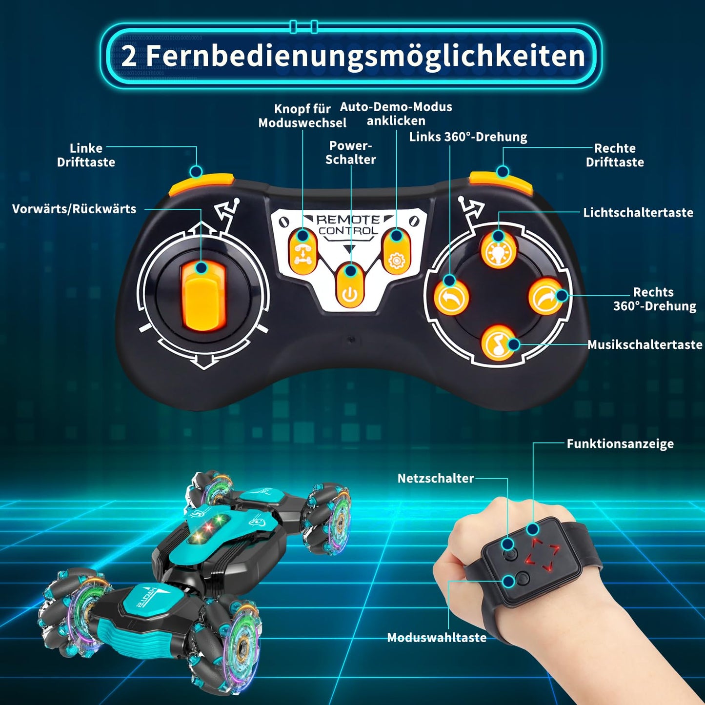 Dysaim Remote Control Car for 6 7 8 9 10 11 12 Year Old Boys Girls Christmas Birthday Gifts Indoor & Outdoor 2.4 GHz RC Offroad Twist Stunt Car 2 Battery Music Racing Car Hand Control Toy