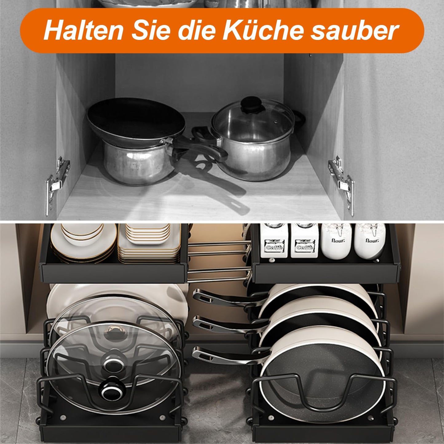 FLSEPAMB Pot Lid Holder, Expandable Lid Holder Drawer with 10 Adjustable Compartments, Metal Pot Lid Organizer for Kitchen Utensils, Pans, Pots, Lids (Black)