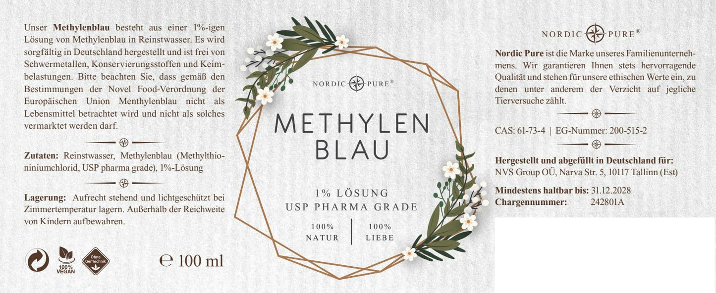 Methylene Blue 100ml high-dose drops from Nordic Pure | Solution with 99.9% purity | High-dose Methylene Blue | Methylene Blue 1% solution | Laboratory tested & produced in Germany