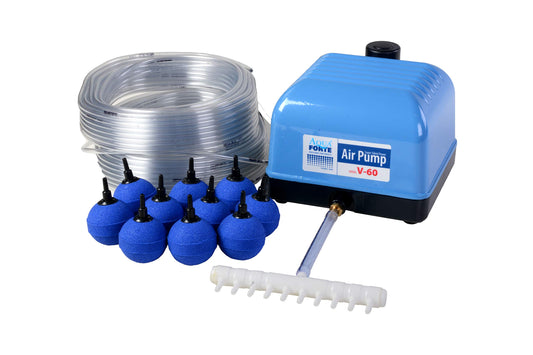 AquaForte Hi-Flow V-60 Air Pump Set, complete with air distributors, 50 m hose 4 x 6 mm, and 10 air stones 5 cm. Capacity at 2 meters 40 liters per minute. Maximum pond size 36 m3.