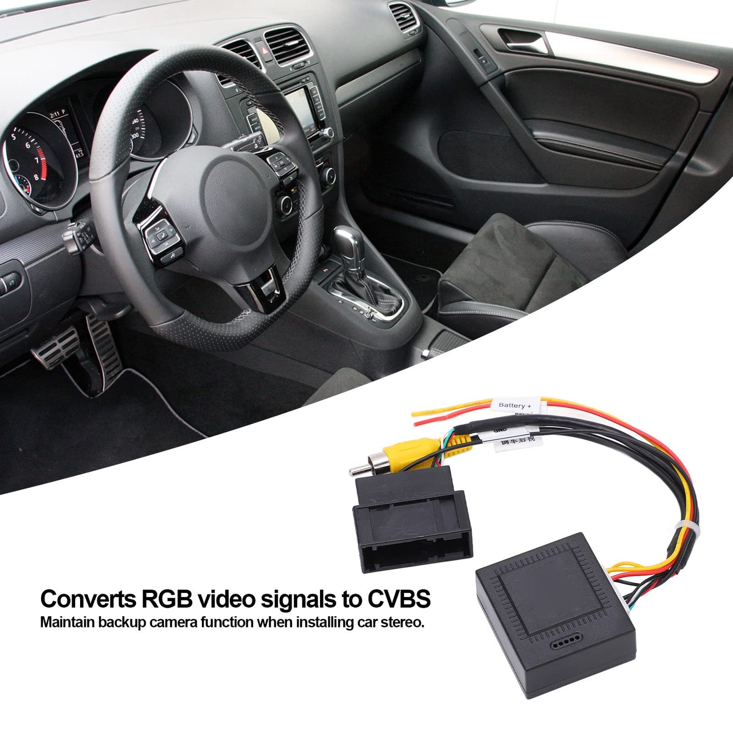 Reverse camera converter, 12V 5W RGB to AV decoder box adapter for automotive use.