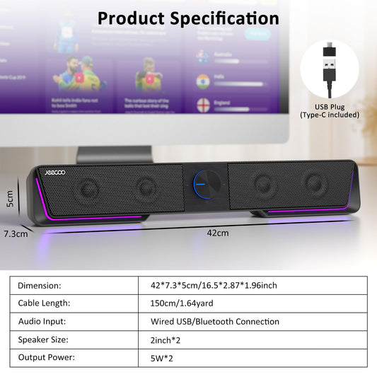 Jeecoo A40 PC speakers, portable computer speakers in black, 2.0 PC soundbar with USB operation and Bluetooth mode for smartphones and mobile devices, PC.