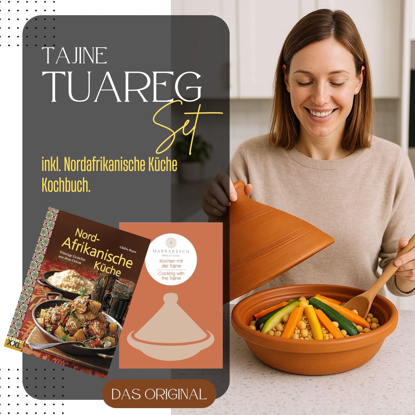 Tajine, original from Morocco, including cookbook North African cuisine, clay pot for cooking, Tuareg Ø 26cm, for 1-3 people, handmade from Marrakesh, free of pollutants.