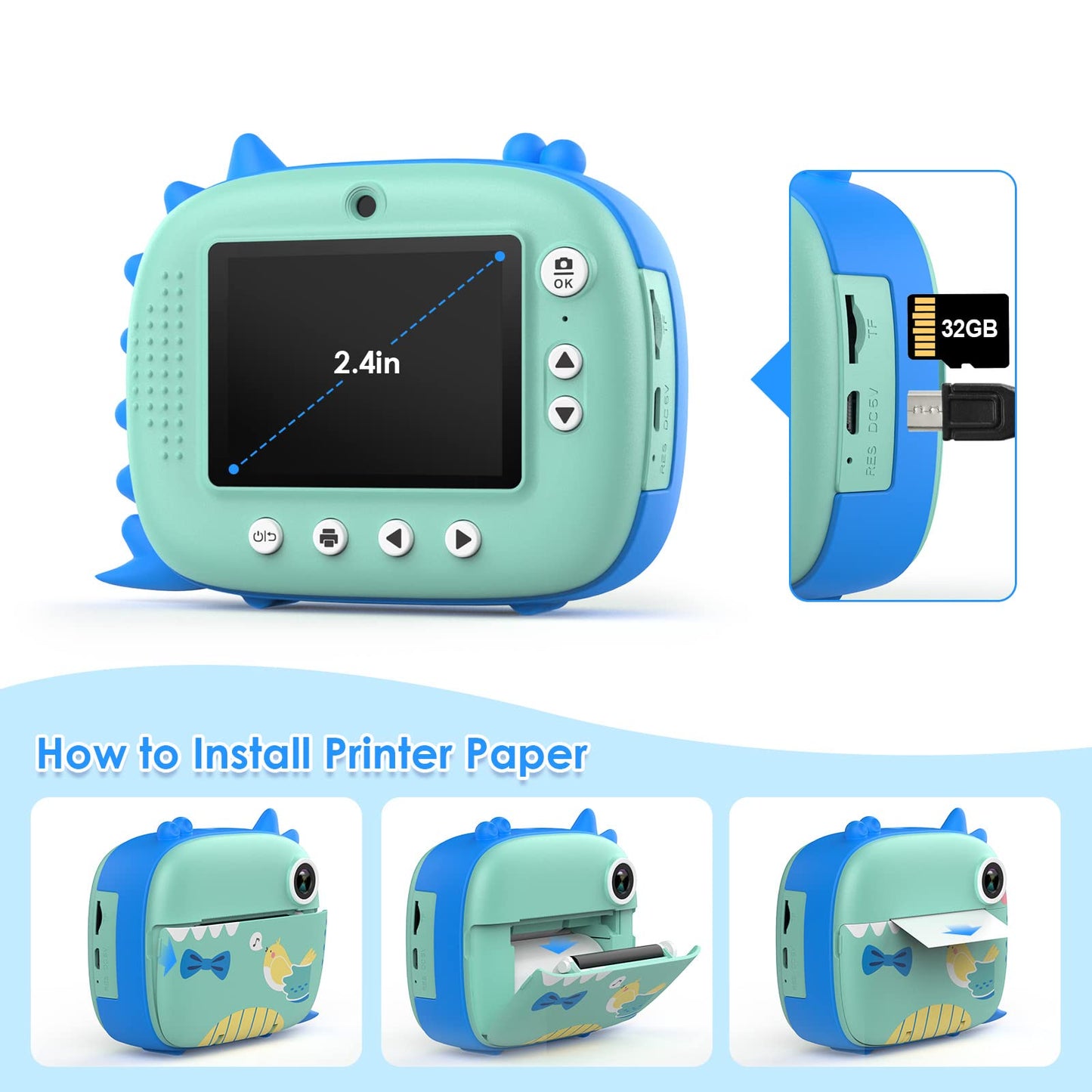 HiMont Kids Camera Instant Camera, Digital Camera for Kids with Printing Paper & 32G TF Card, Video Camera with Colored Pens & Fun Accessories, Gift for Children 3-14 Years Old (Blue)