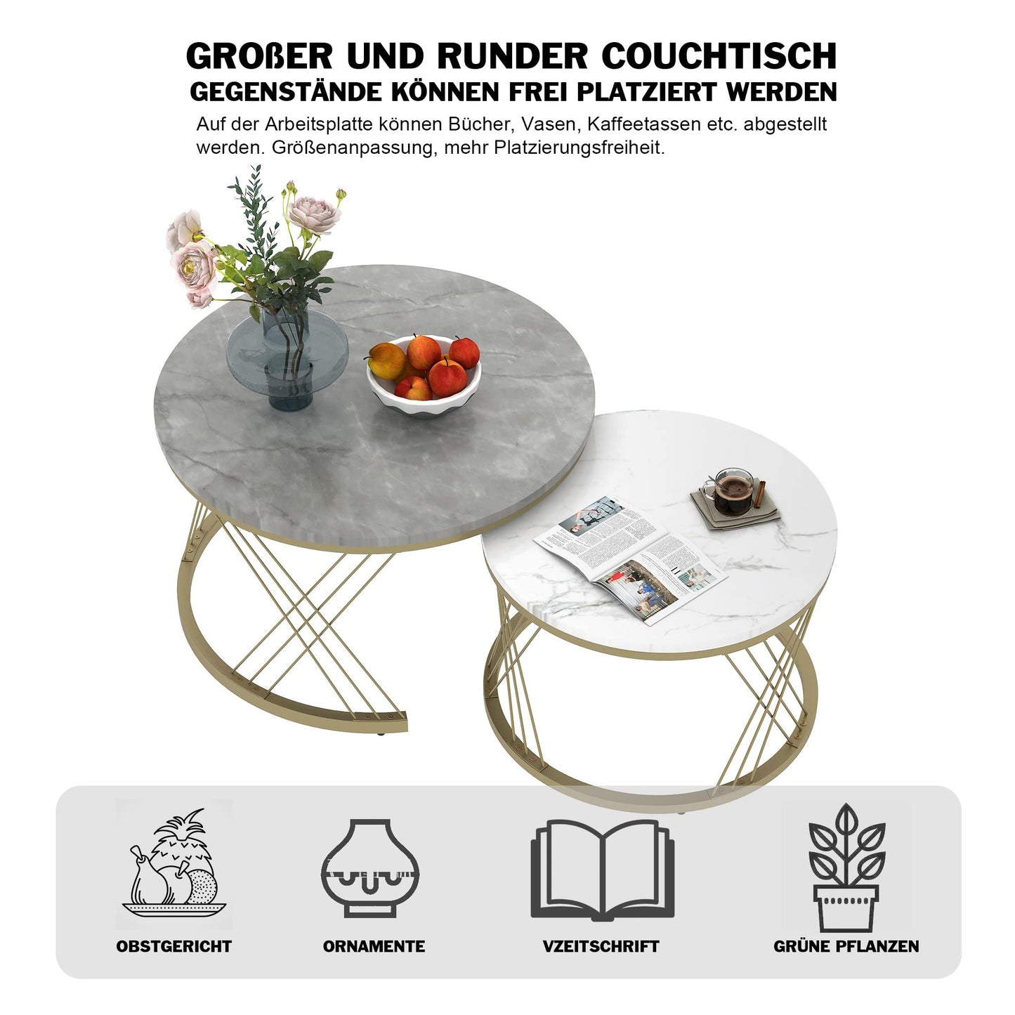 Modern Round Coffee Table Set of 2, Side Table Set, Coffee Table Set Marble Veneer Sofa Side Nest of Tables Round End Tables, Set of Tables for Living Room Bedroom, Gold Frame (White + Gray)