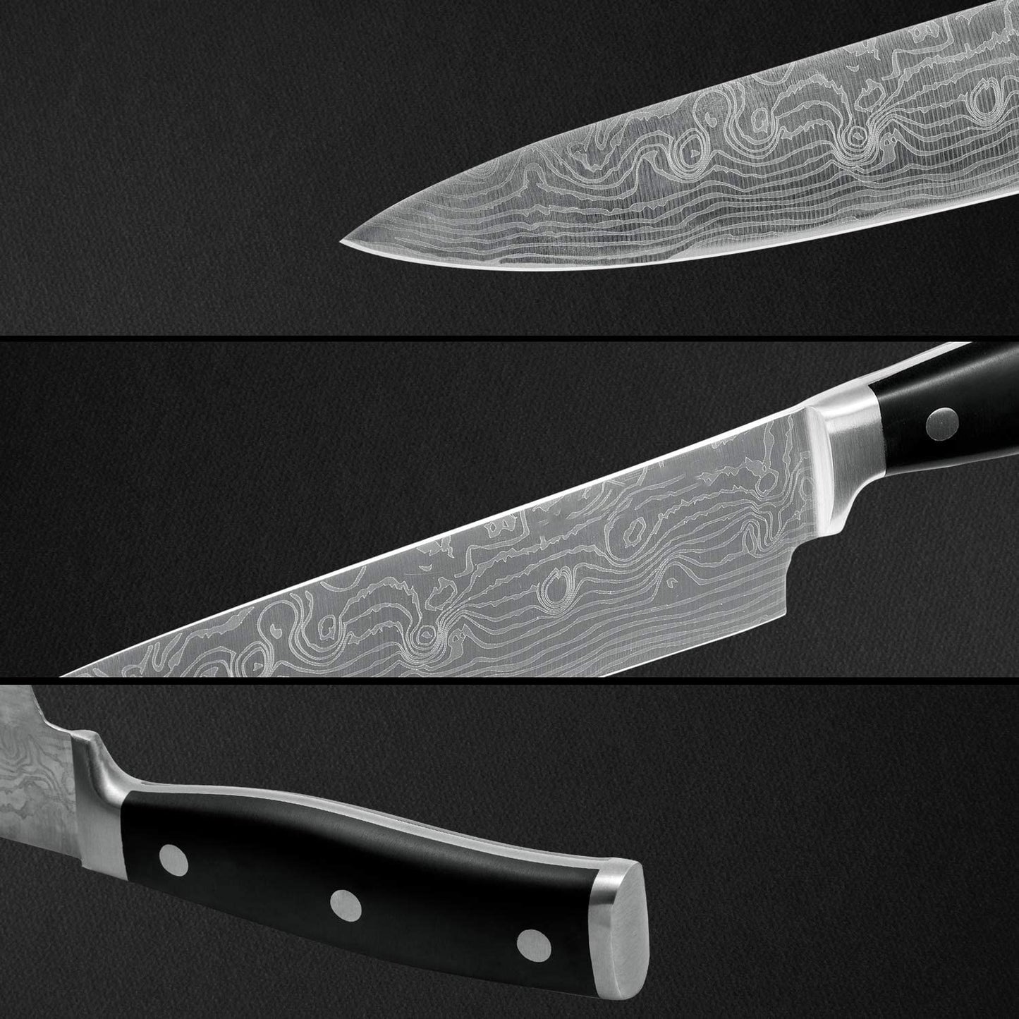 HUIKAILI Knife Set, Professional Stainless Steel Kitchen Knife Set, Sharp, Non-Slip, Frosted Handle, with Chef's Knife, Knife Sharpener, 2 Santoku Knives, and Paring Knife