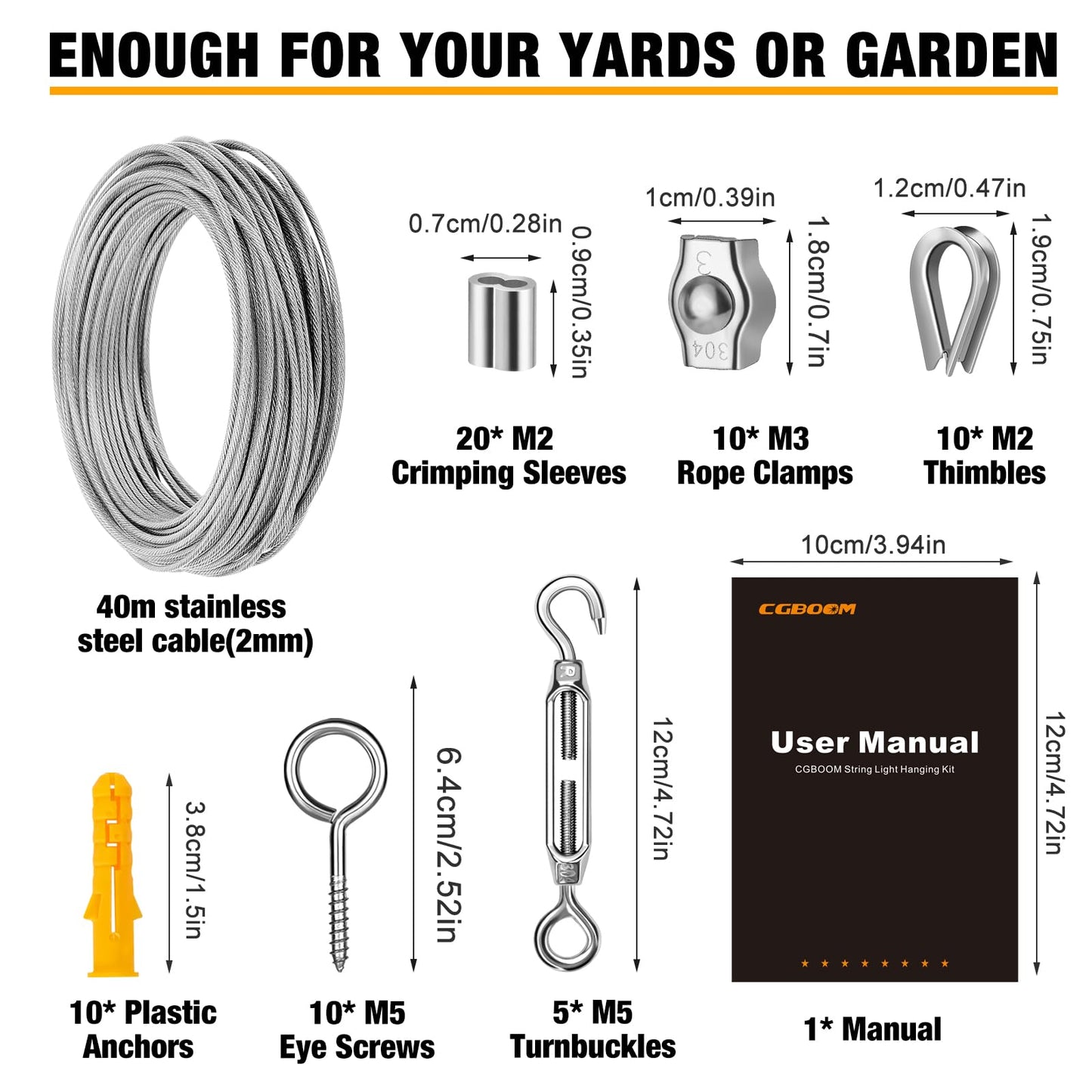 40m 2mm wire rope, CGBOOM 304 stainless steel wire rope tensioner, steel wire coated, with eyelets cable tensioning set, for climbing plants trellis, clothesline, curtain wire, lights, deck cable railing