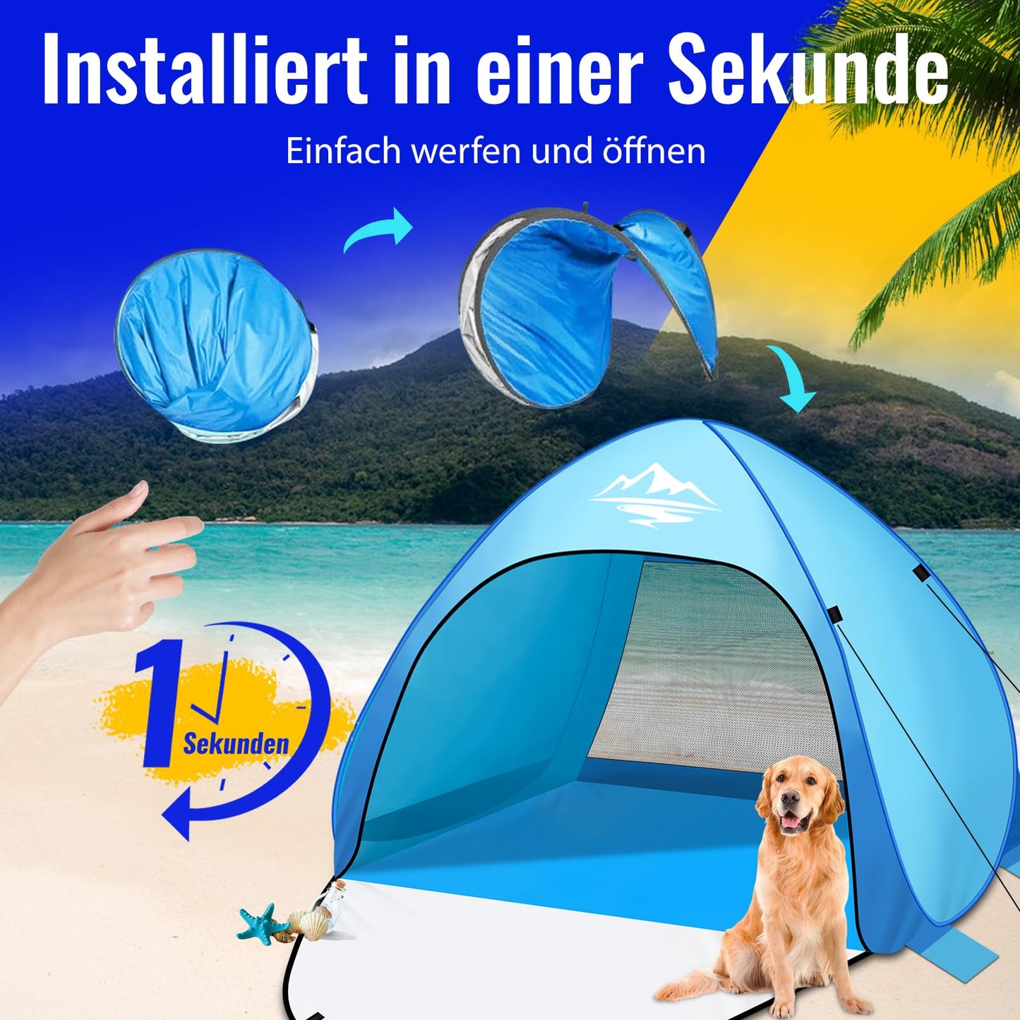 Purebox Beach Shelter Pop Up 3-4 Person Models, Pop Up Beach Shelter with UV Protection, UPF 50+ Beach Tent, Automatic Portable Beach Tent Pop Up Tent for Family Camping Garden Beach 240x200x135cm