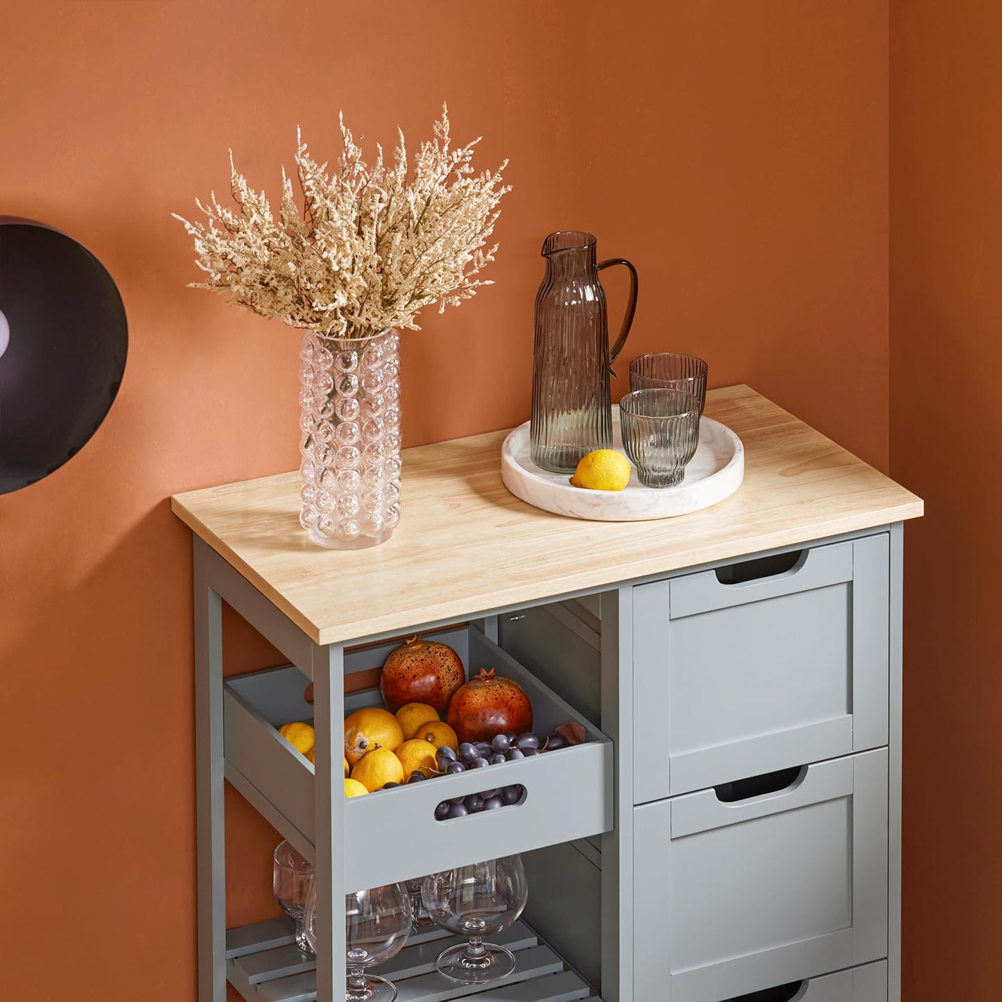 SoBuy serving trolley with wheels - kitchen trolley with 2 removable shelves and 1 tray - serving cart trolley for kitchen, living room, dining room - light grey, 68x85x38 cm, up to 50 kg, MDF, FKW79-HG.