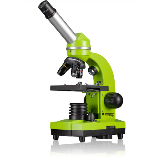 Bresser Junior Student Microscope BIOLUX SEL with smartphone holder, extensive accessories, and Barlow zoom system for children, beginners, and adults, green.