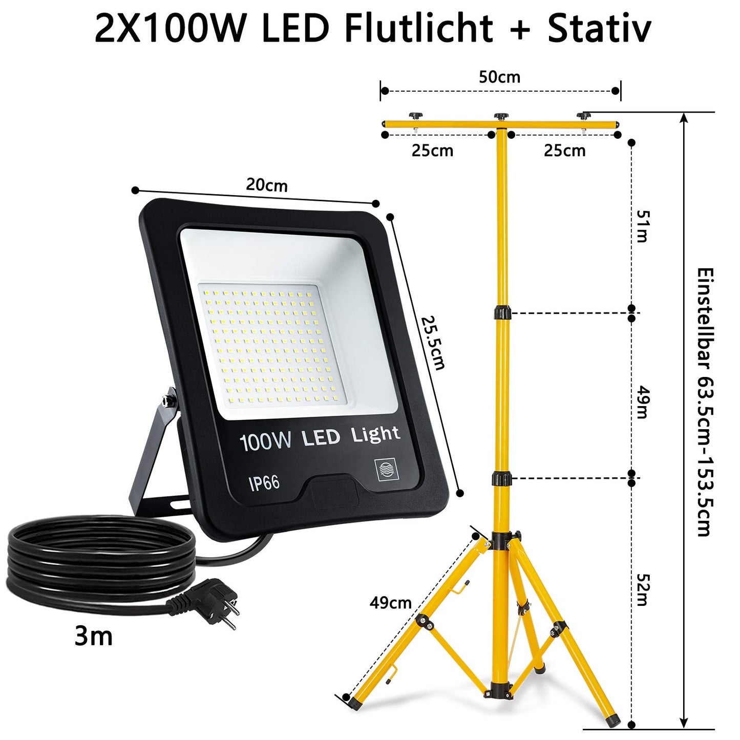 LZQ 2x 100W LED Floodlights Super bright IP66 Waterproof LED Floodlight 6000 Kelvin Cold White Outdoor Spotlight Floodlight Spotlight Light with 150cm Yellow Telescopic Tripod for LED Floodlights