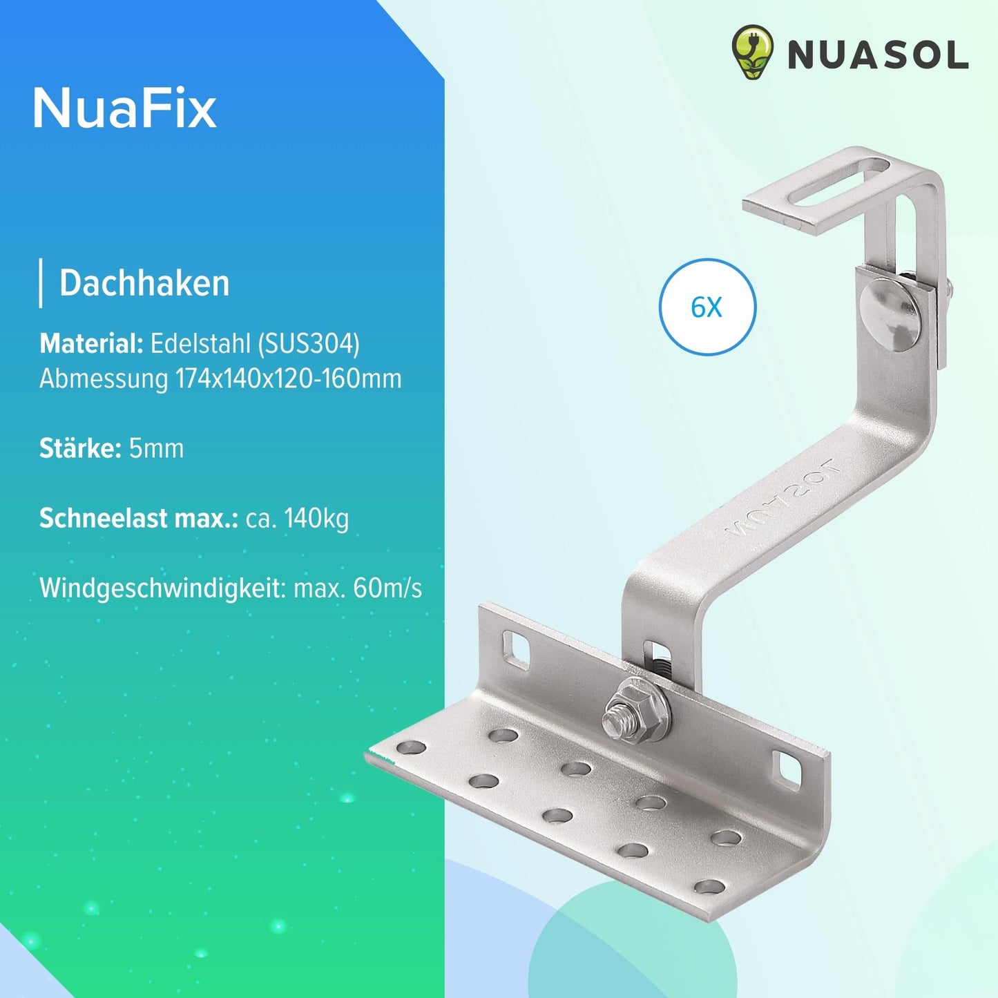 NuaSol PV Photovoltaic 2-set Mounting Kit Tile Roof Mount Rail Roof Hook - incl. Solar Aluminum Profile, End Caps, 35mm End Clamps, up to 115cm Width per Module and 35mm Height, Silver