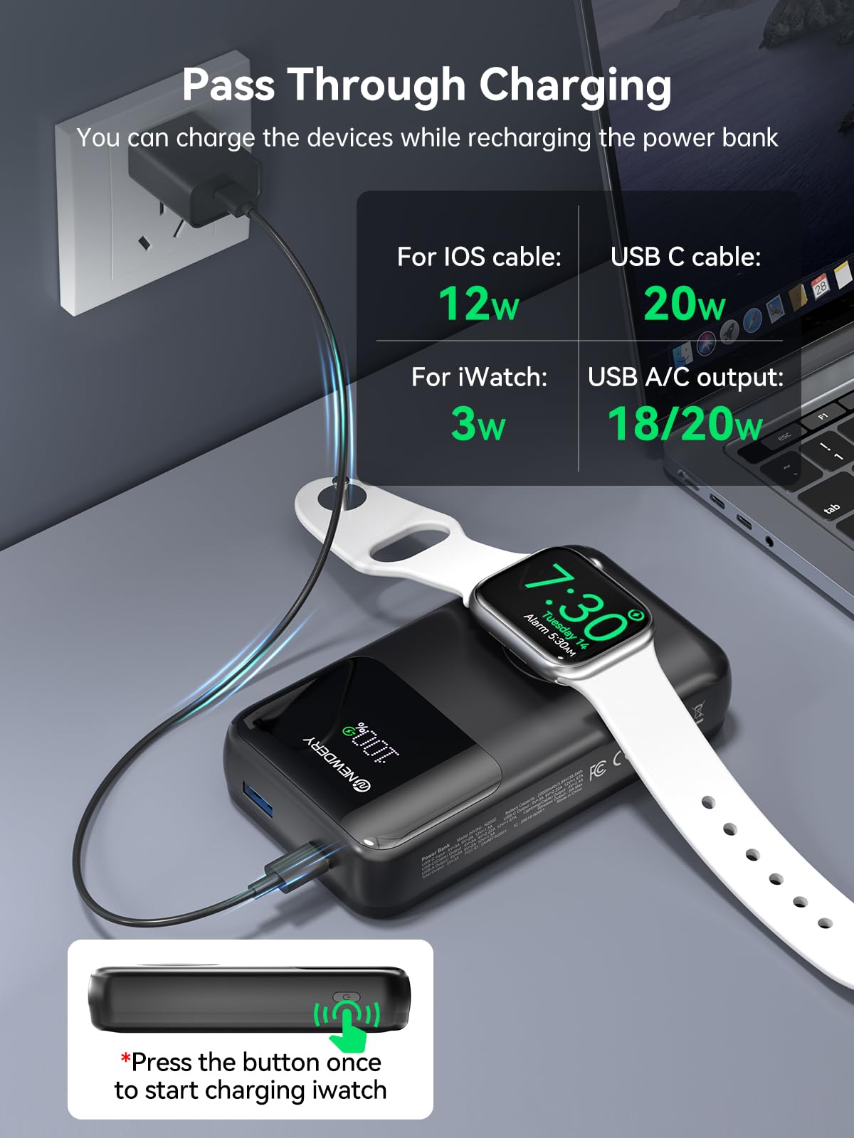 NEWDERY Powerbank for Apple Watch & iPhone Charger 20000mAh Wireless Charging Station Power Bank, Fast Charging External Battery Pack portable Travel Charger for iPhone 15/14/13/12 Series, iWatch Ultra/9-1