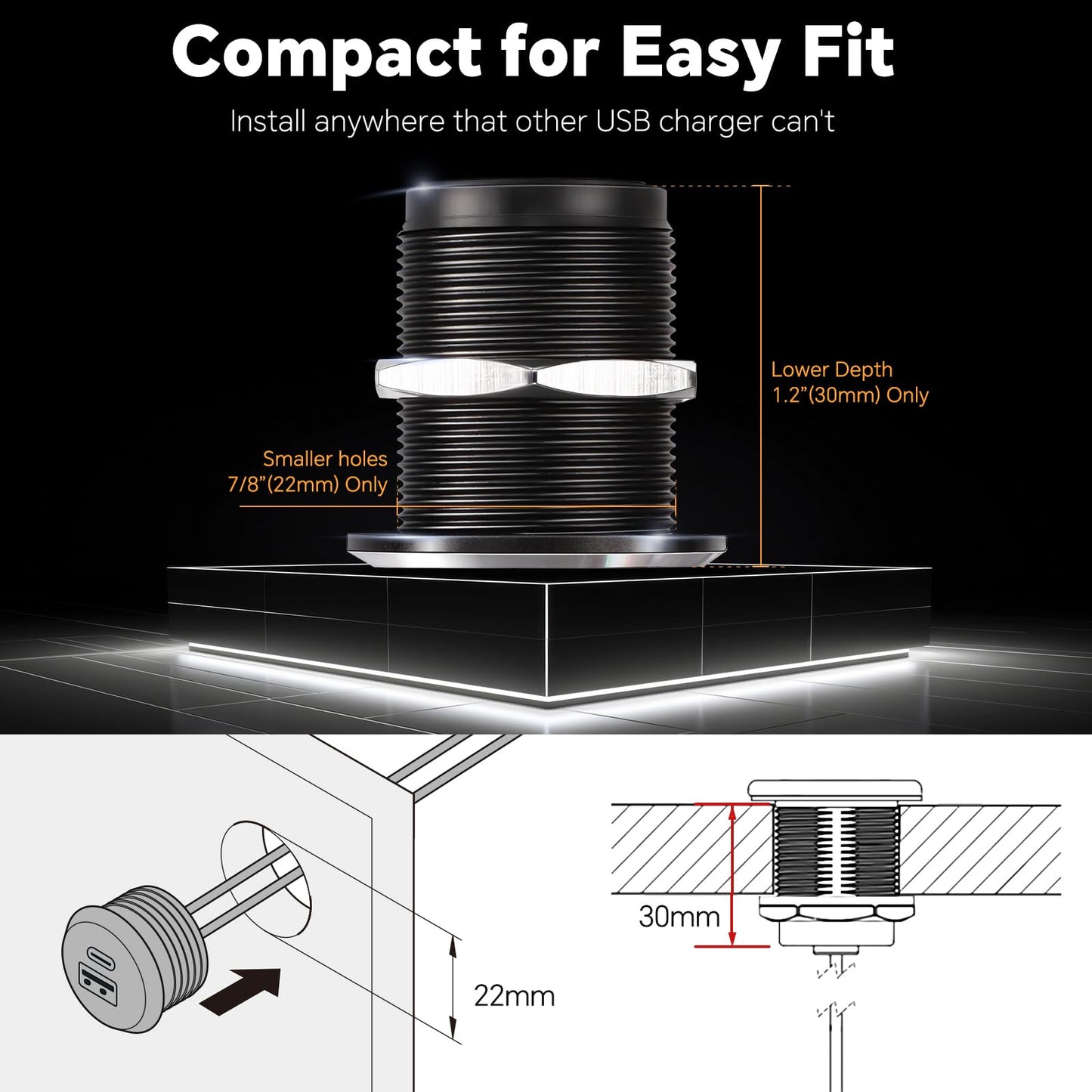 12V USB socket for RVs made of aluminum, with 24W Type C PD3.0 connection and QC 3.0. Perfect for boats, caravans, campers, trucks.