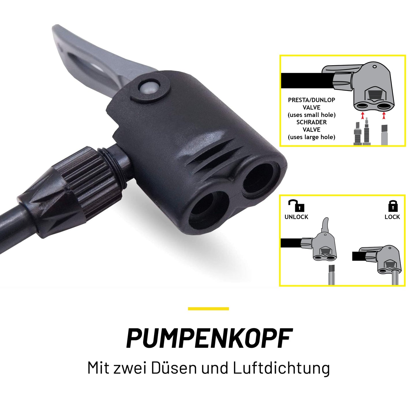 Dunlop bike pump with pressure gauge - bicycle pump with 2 adapters - for all valves - Dunlop, Presta, and Schrader valve - pump 11 bar/160PSI - plastic - black
