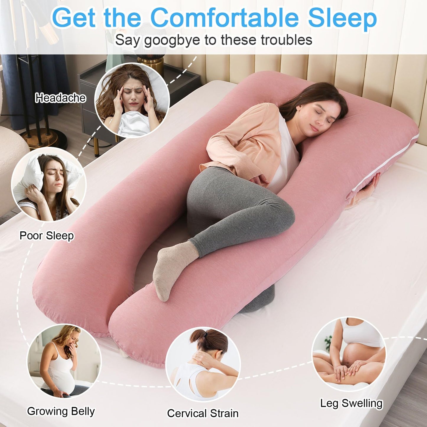 SHANNA Pregnancy Pillow U Shape Side Sleeper Pillow Nursing Pillow Feeding Pillow with Cooling Cover, Large Body Pillow for Adults, Comfort Pillow for Sleeping and Mother.