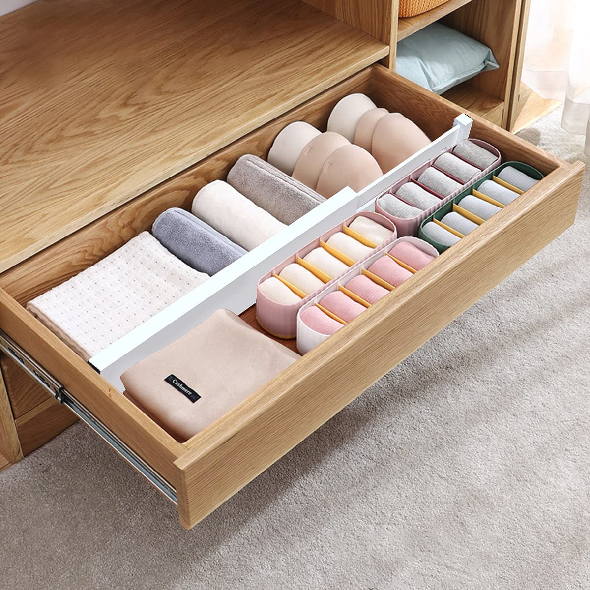 ANTOWIN Drawer Divider Adjustable Bamboo (43-56 cm), Drawer Organizer, Spring-loaded, Kitchen, Dresser, Bathroom, Bedroom, Baby Drawer, Desk Organization System (White)