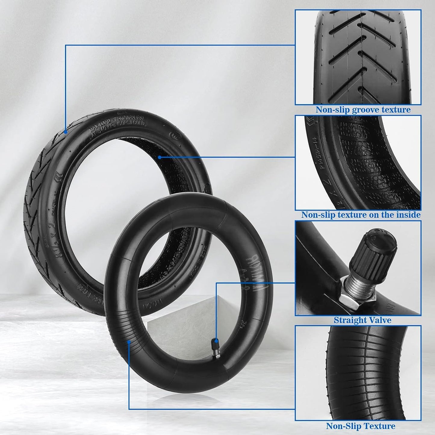 Amitor E Scooter tires with tube 8 1/2 x2, tire tube for E scooter 50/75-6.1. Wear-resistant & non-slip, 8.5 inch replacement tire+tube for Xiaomi Pro 2 M365 Pro 1S, 8 1/2 thickened replacement wheels.
