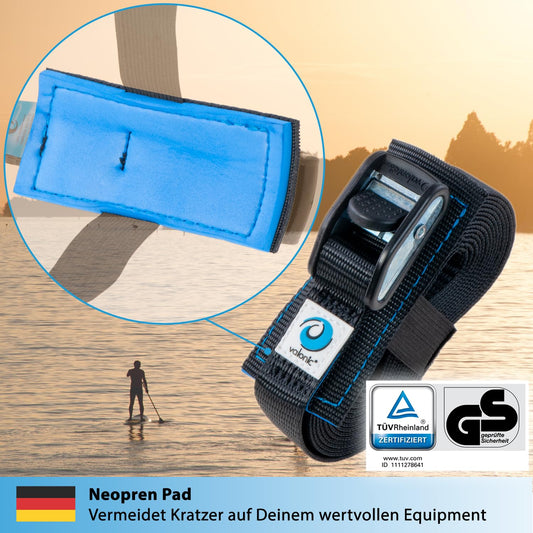 Valonic Dolphin - 2X 1m Ratchet Straps short with padding, 25mm, 500kg, TÜV Rheinl. / GS Certified, EN-12195-2 - Ratchet strap with cam buckle for bike rack, SUP, short, black