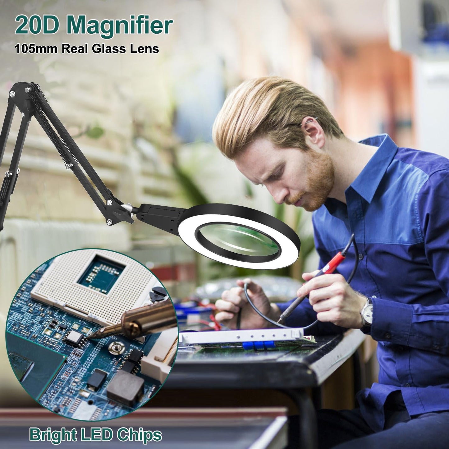 SAVSOO 20 Diopter Magnifying Glass with Light and Stand, Touch Control, 2-in-1 LED Magnifier Lamp, Desk Lamp with Large Base and Clamp, 3 Color Modes Dimmable, Magnifying Lamp for Hobbies Crafting, Black