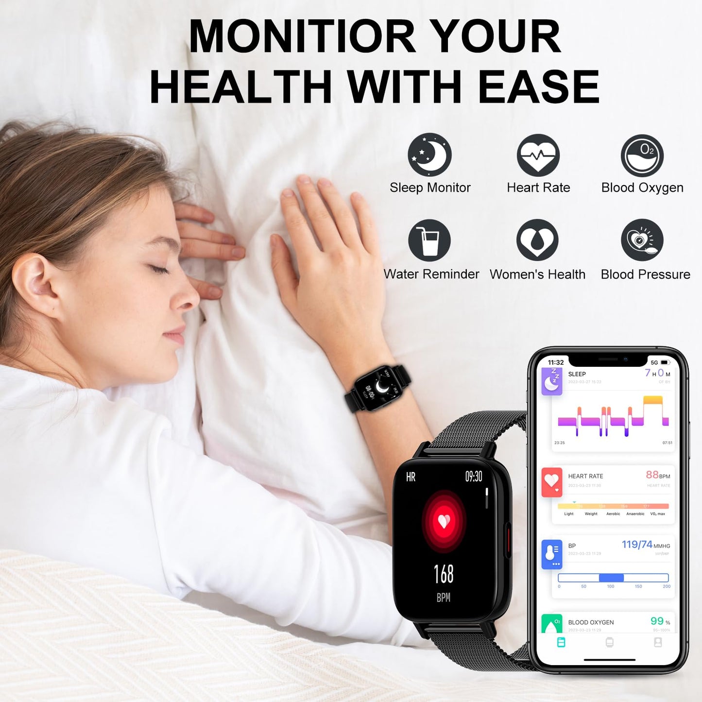 Erkwei smartwatch for women with bluetooth calls 1.69 inch fitness watch women heart rate monitor sleep monitor pedometer SpO2 fitness tracker pedometer calories music control