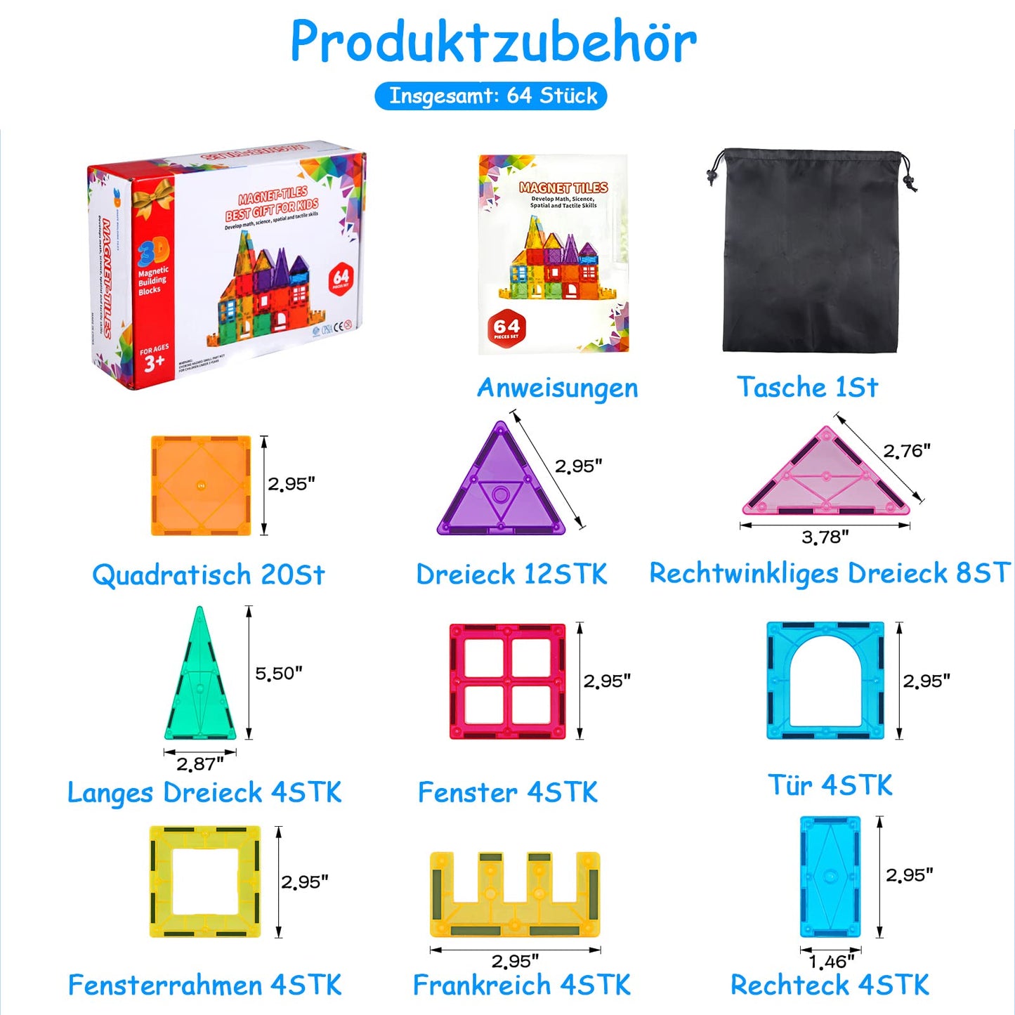 Magnetic building blocks 64 pieces magnet toy magnets building bricks building set kids magnetic blocks perfect for use at home, in schools, for boys and girls 3 4 5 6 7 8 years old