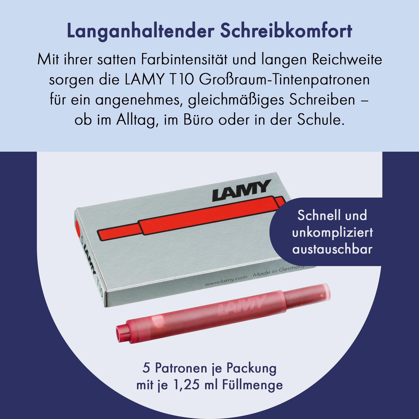 LAMY T10 10-pack ink cartridges with high ink capacity - suitable for all Lamy cartridge fountain pen models - contents 1.25ml per cartridge - 5 pieces per pack - ink color red