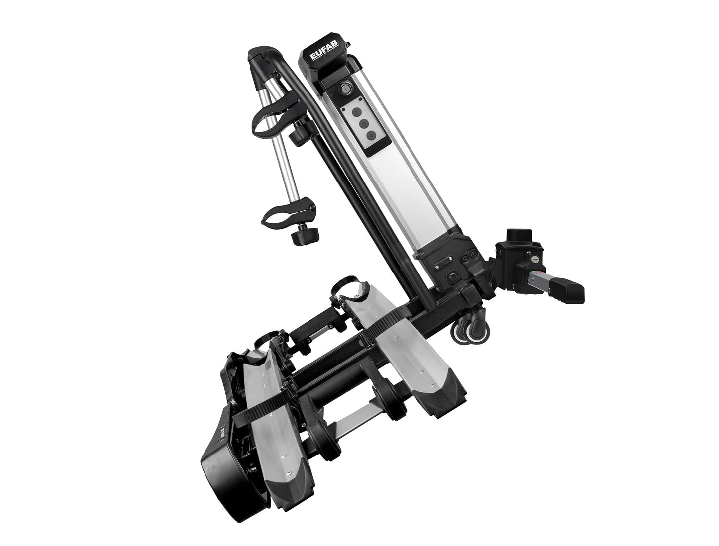 EUFAB 11535 Bike Carrier BIKE LIFT, suitable for E-Bikes, fully pre-assembled, electric lowering function, anti-theft protection, for 2 bikes, for towbar, 135x74x74cm