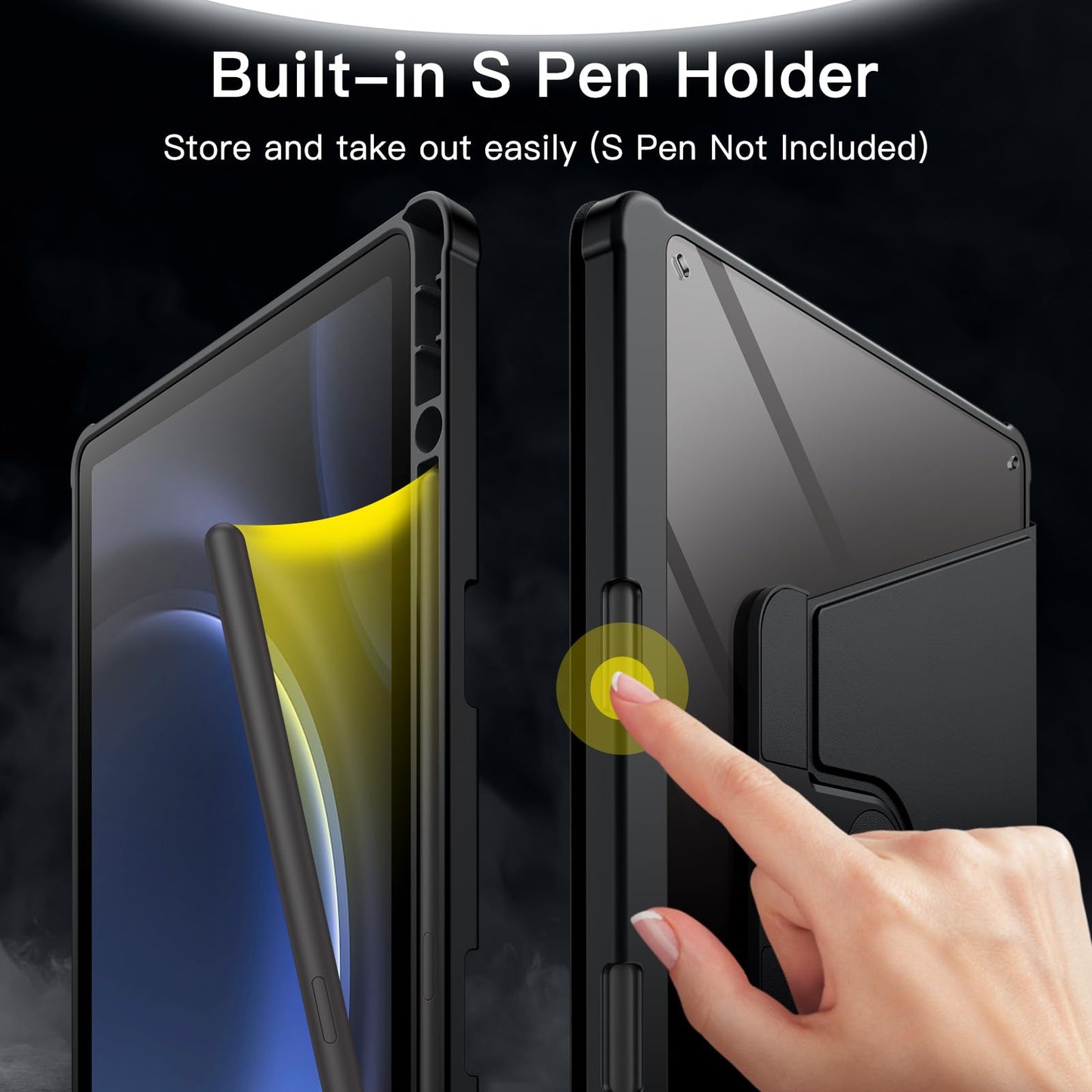 JETech Rotating Case for Samsung Galaxy Tab S10 Lite / S10 FE / S9 FE 10.9 Inch / S9 11 Inch with S Pen Holder, 360 Degree Rotating Protective Case Stand Transparent Back (Black)
