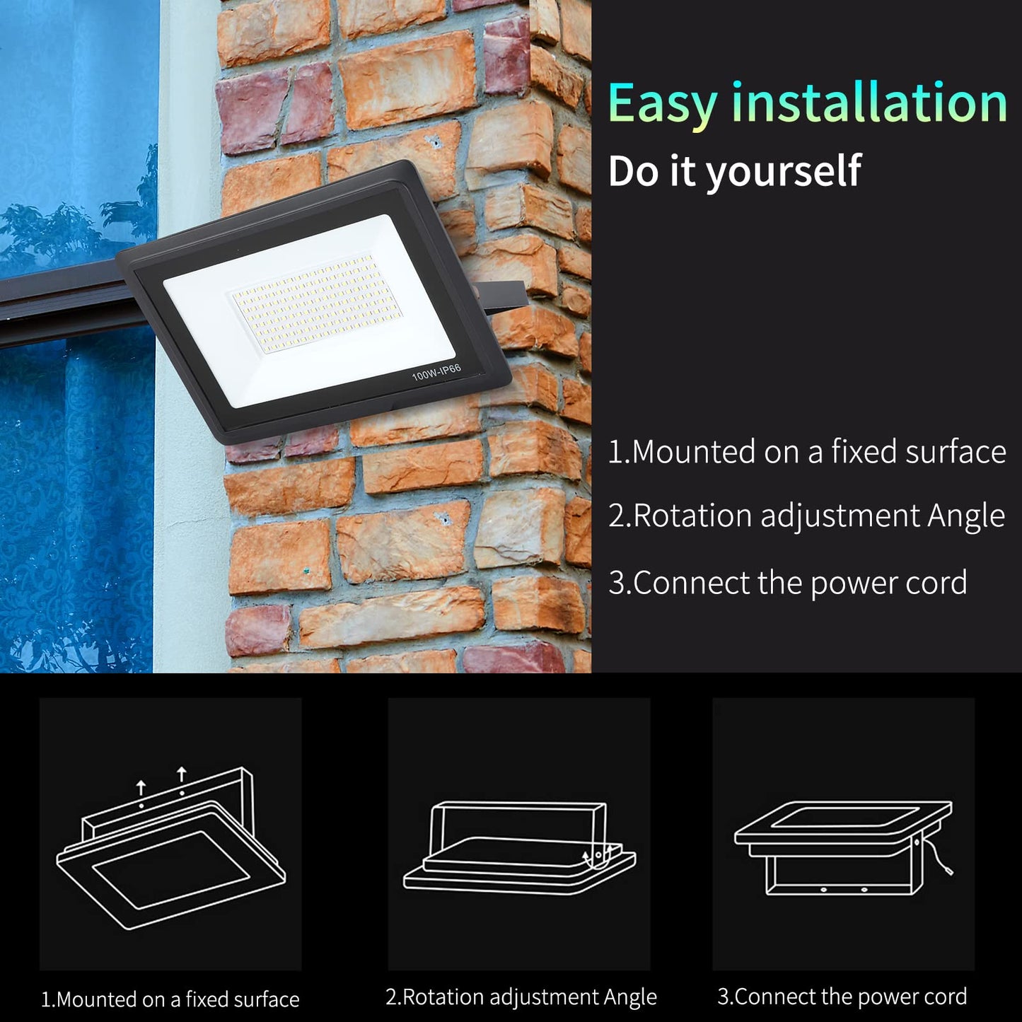 100W Floodlight: 6000K Cool White Super Bright 10000LM IP66 Waterproof LED spotlight for backyard/stadium/workshop outdoor lighting (4pcs, 100W)