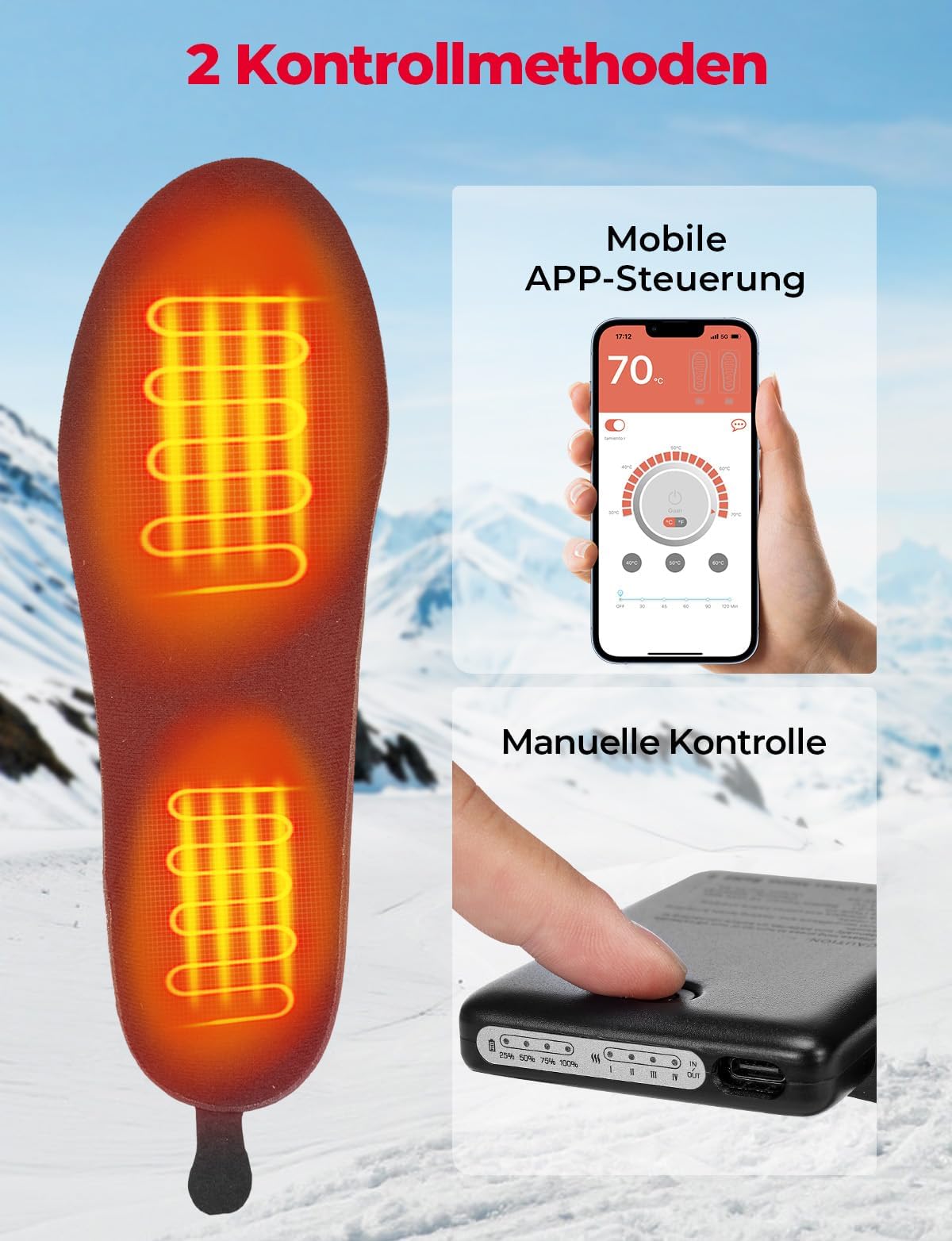 KEMIMOTO Heated Insoles with APP Control, 5V 5000mAh Heated Insoles with Battery, Remote Control, Rechargeable Thermal Insoles Men Women, for Skiing, Hunting, Hiking, Camping, Outdoor