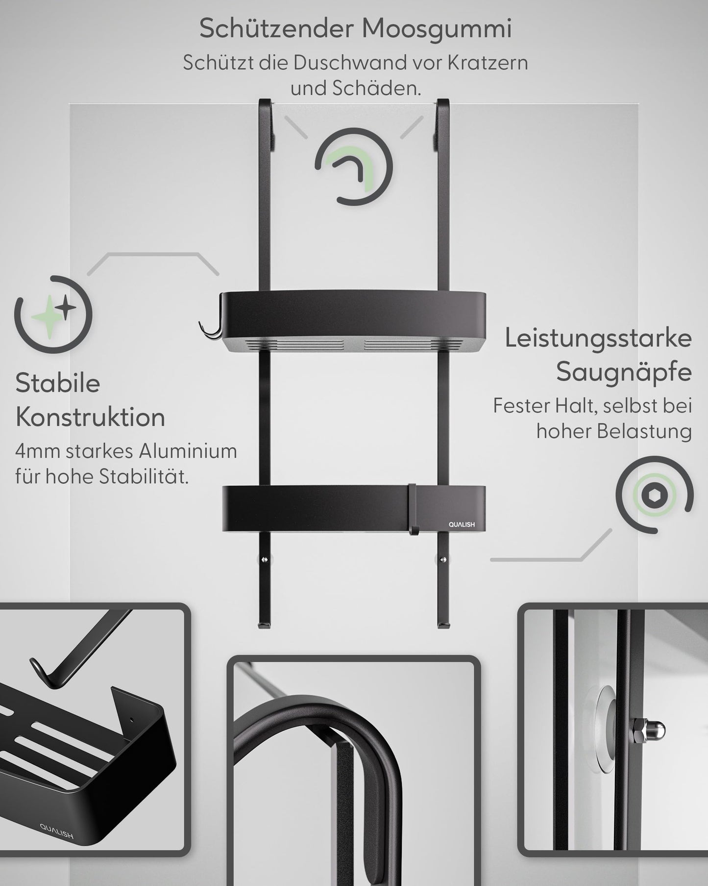 QUALISH® hanging shower shelf - shower caddy hanging on the shower wall - hanging shower basket with glass protection and additional hooks - hanging shower shelf - no drilling required - matte black
