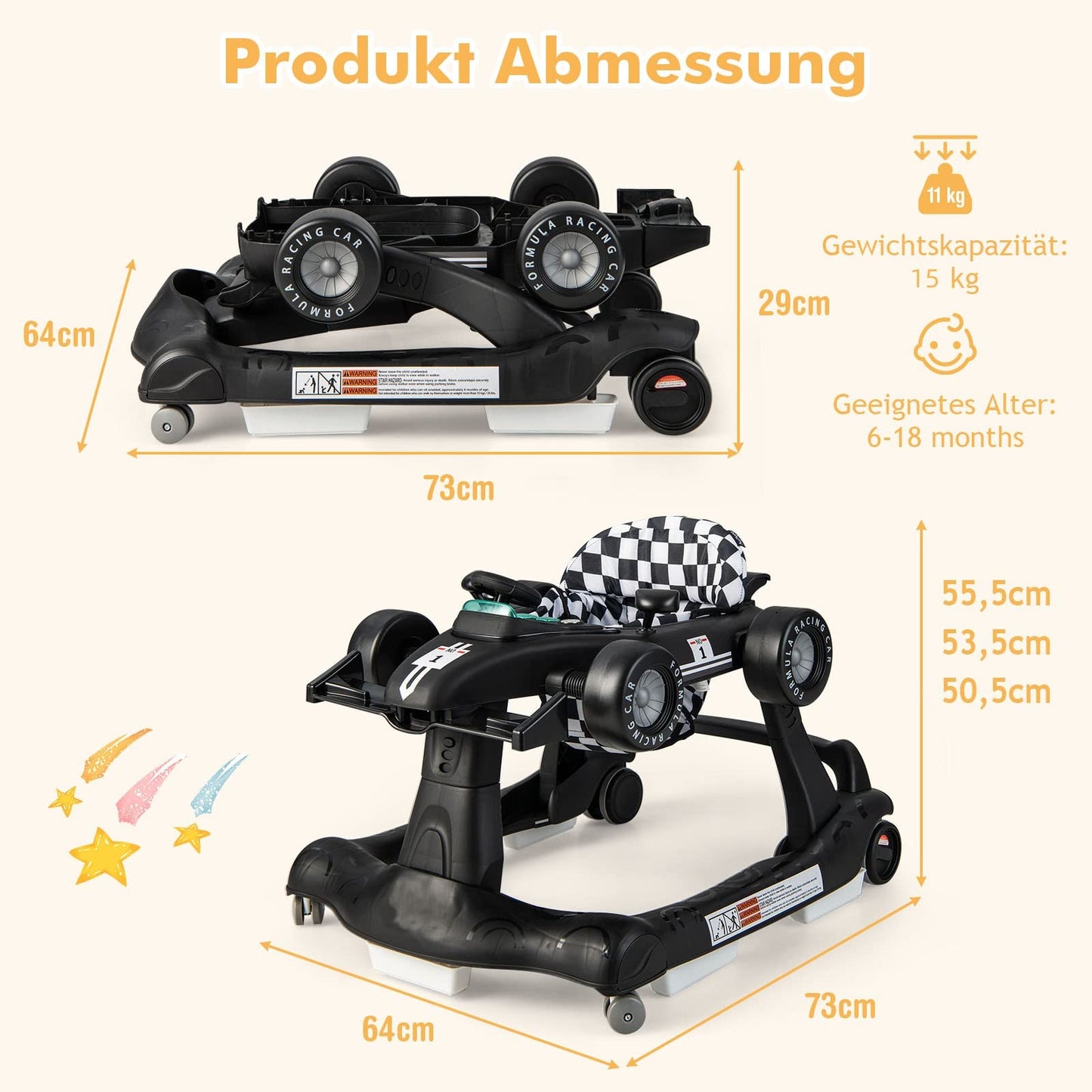 DREAMADE 4-in-1 auto-shaped baby walker with adjustable speed, music & lights. Height adjustable and foldable, suitable for babies aged 6 months and older.