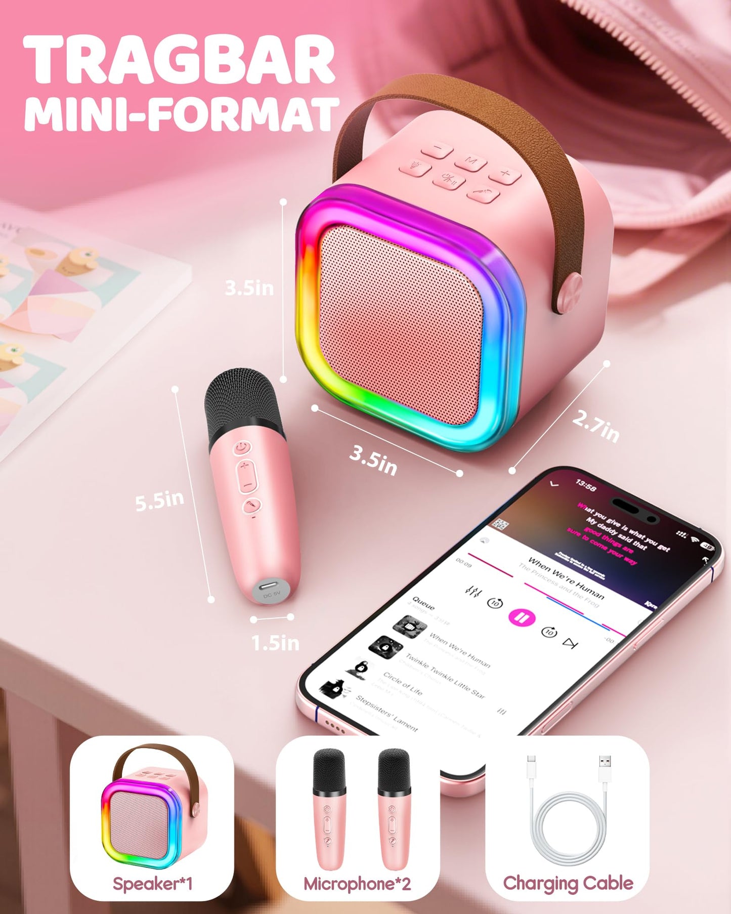 Karaoke machine for kids, gift for girls 3-12 years, karaoke kids toy for girls 3-12 years, karaoke machine with 2 karaoke microphones for kids, pink