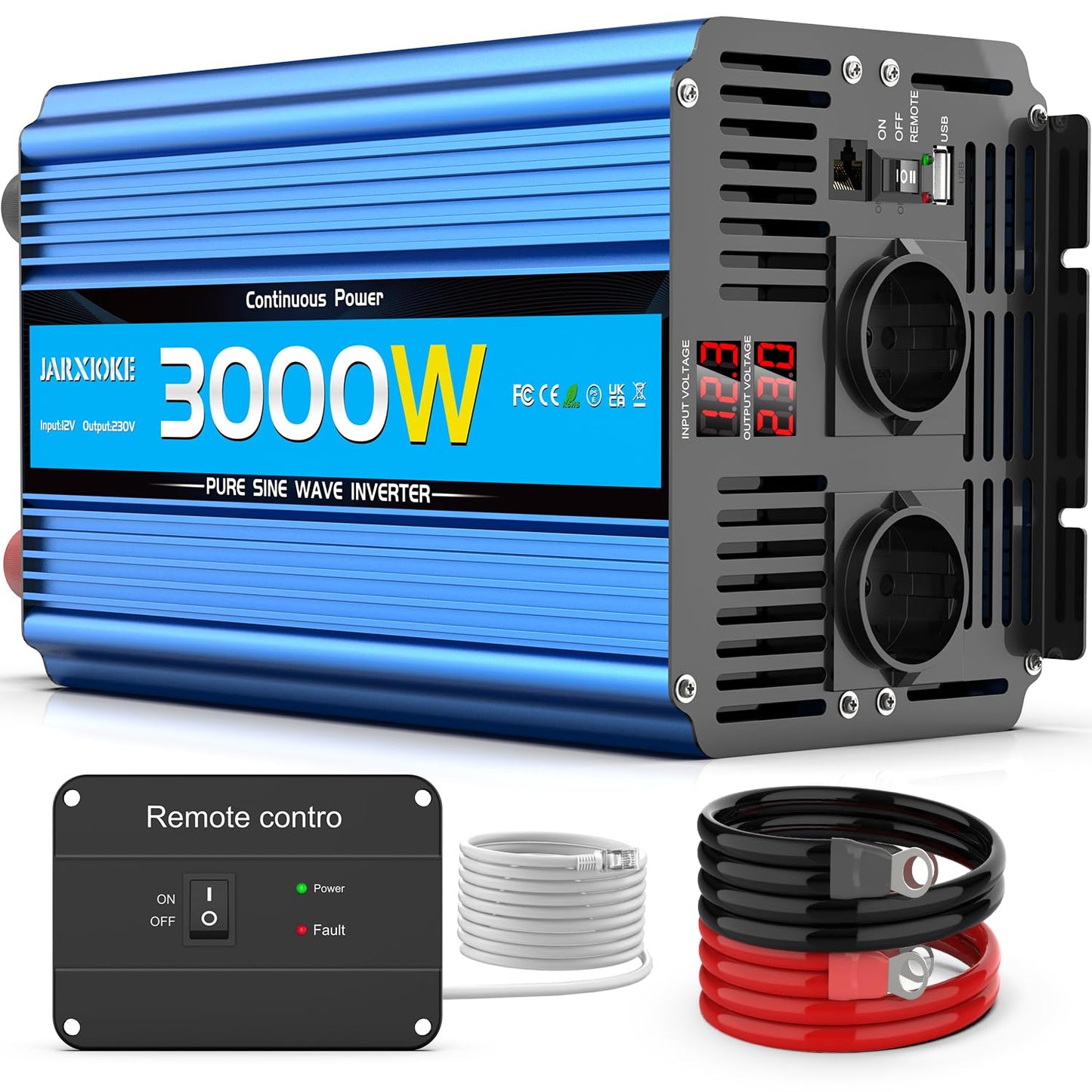 12V to 230V inverter 3000W/6000W Pure Sine Wave Power Converter with remote control, LED display, EU AC outlets, USB port. Perfect for car, camper, boat, camping, power outage.