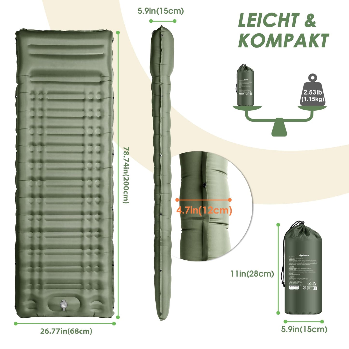 Arliers self-inflating sleeping pad, 12CM thick air mattress for camping with foot pump and pillow, Anti-Ripstop portable sleeping mat for hiking, travel, beach - army green.
