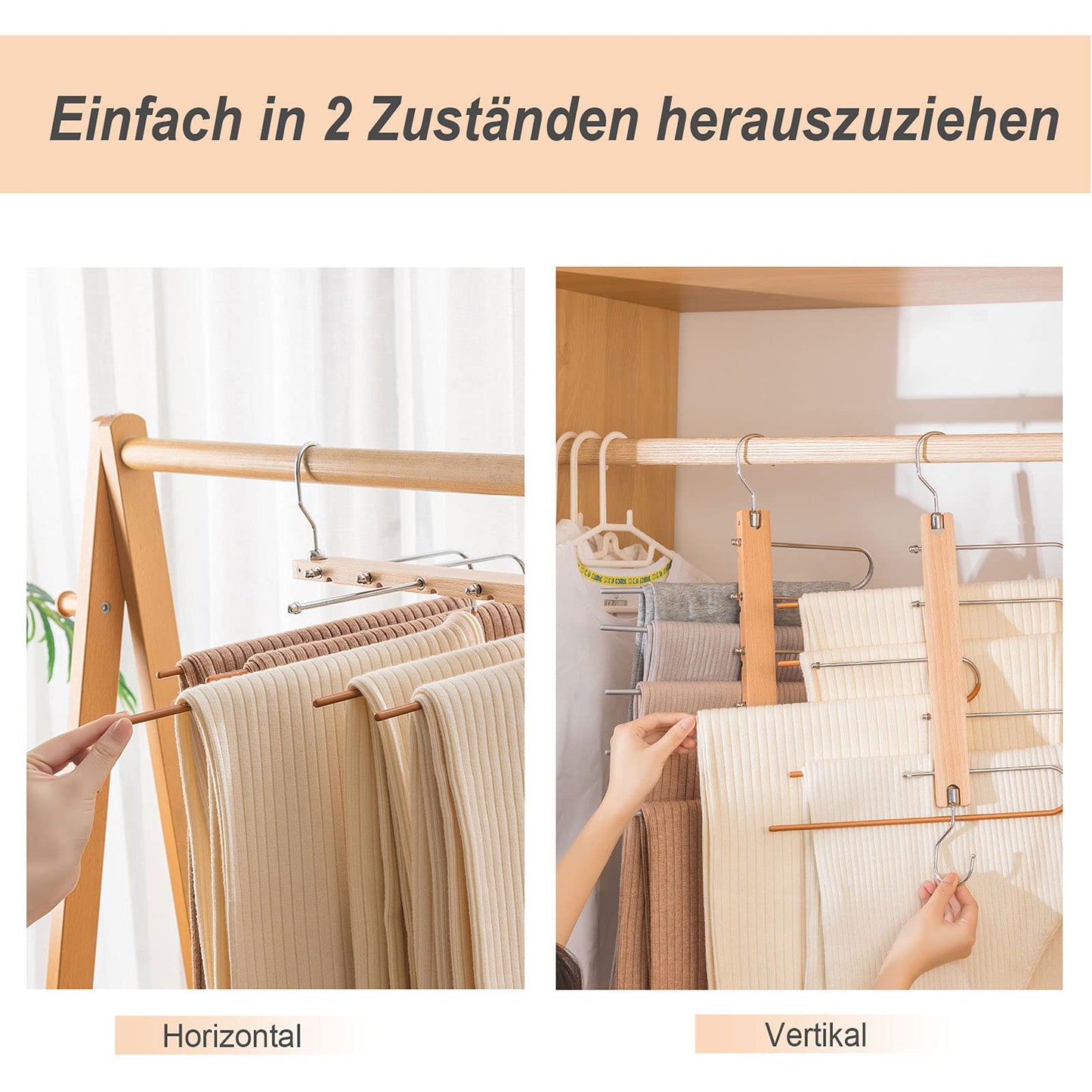 2-piece pants hanger set, space-saving stainless steel pants rack, extendable non-slip wooden hangers for scarves, jeans, and pants.