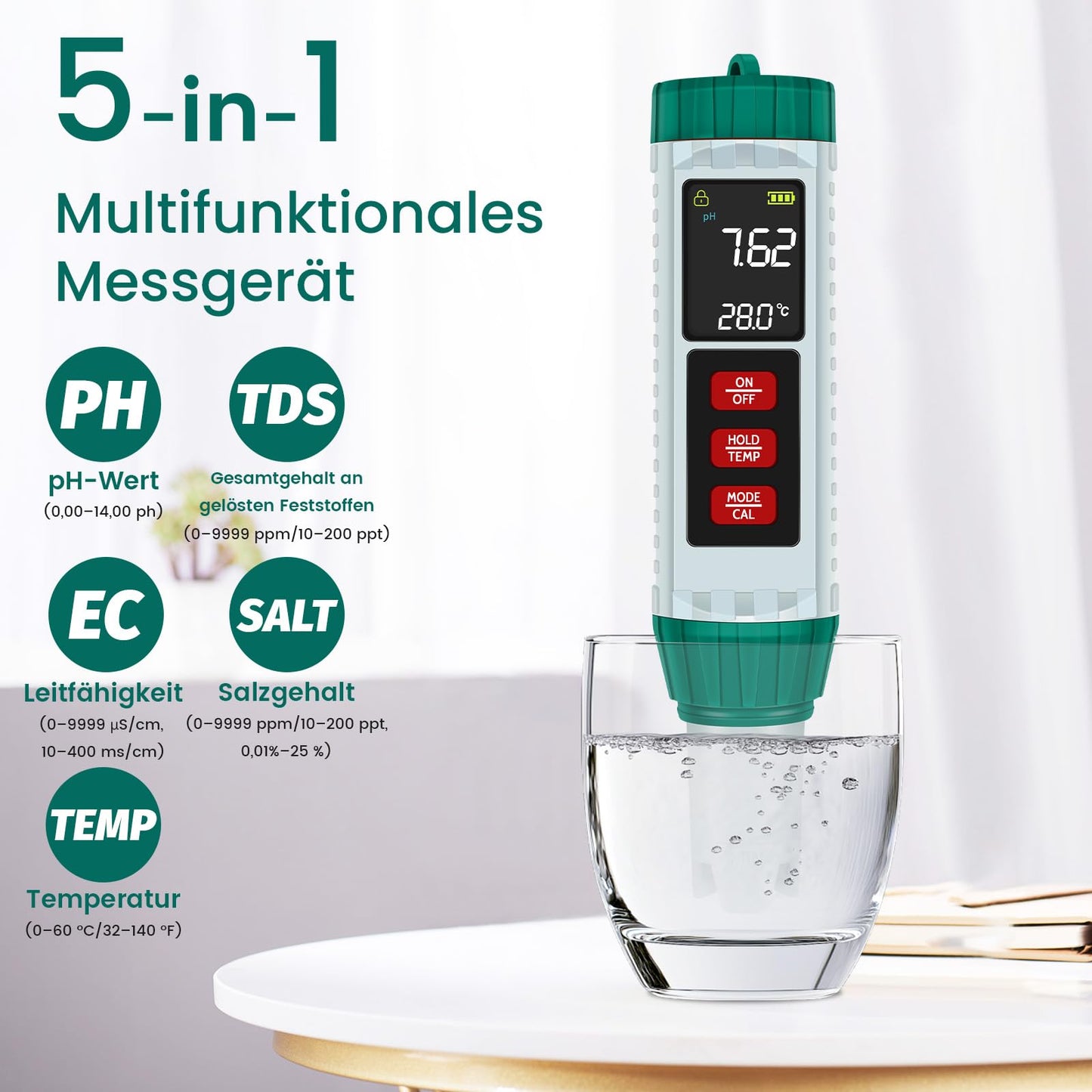 PlayDen PH Meter Water, PH/TDS/EC/Salinity/Thermometer 5 in 1 pH Value Meter with LCD Display, Automatic Temperature Compensation pH Pool Tester, High Precision Drinking Water Tester