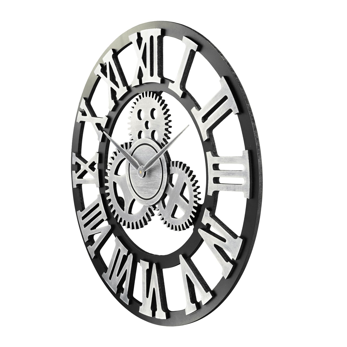 Lafocuse wooden wall clock large industrial silver, silent vintage wall clock 60cm XXL, gear roman numerals steampunk large for living room kitchen.