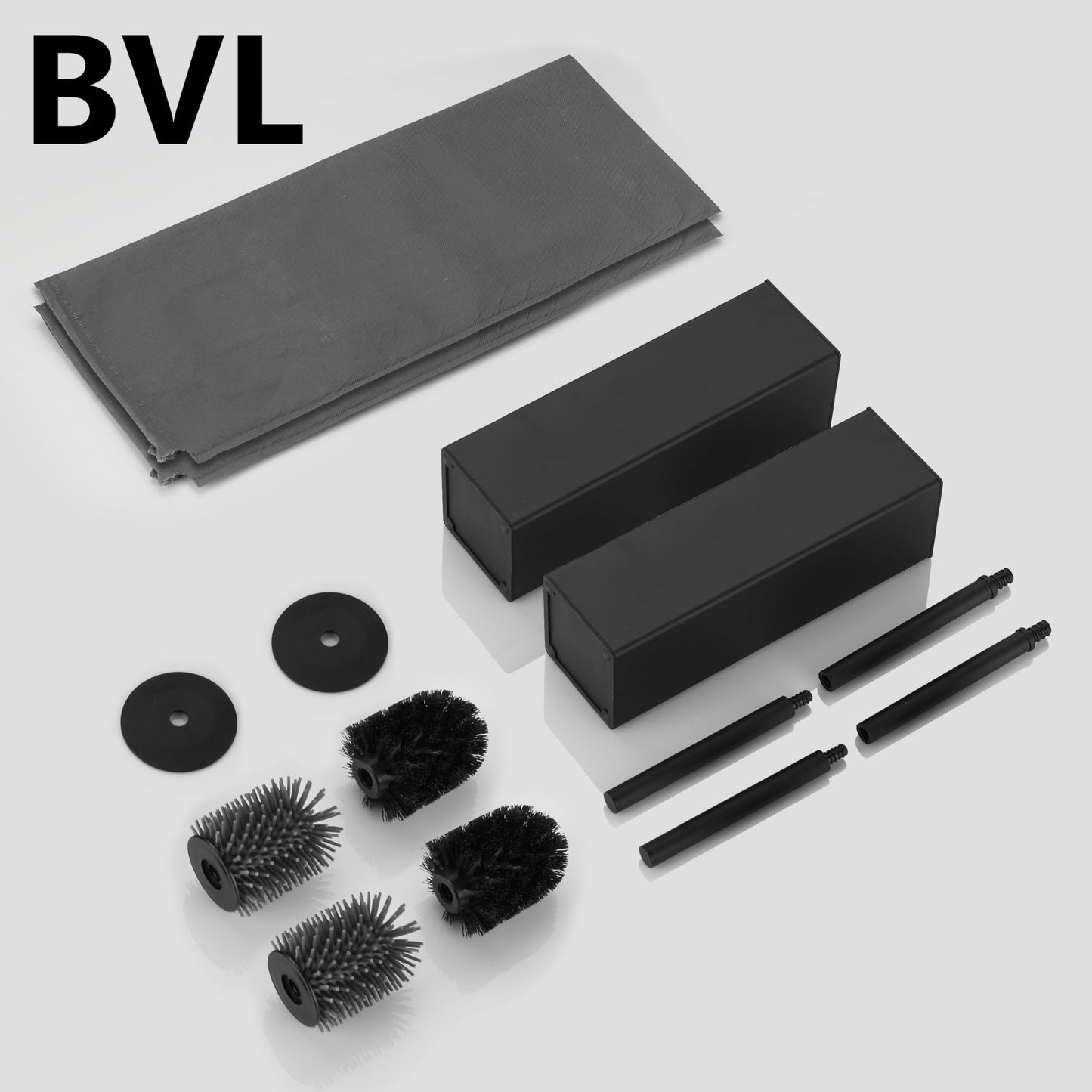 BVL WC Brushes & Holder Black, 2 Piece Metal Toilet Brush Including 4 Brush Heads, Free-standing Square Silicone Toilet Brush for the Bathroom