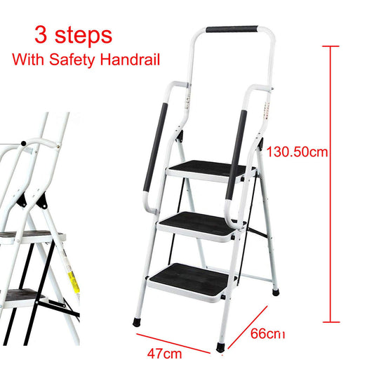 3-step folding step ladder with handrail. Compact, sturdy design features high-quality steel steps with non-slip treads for use at home, in the office, or in the kitchen.