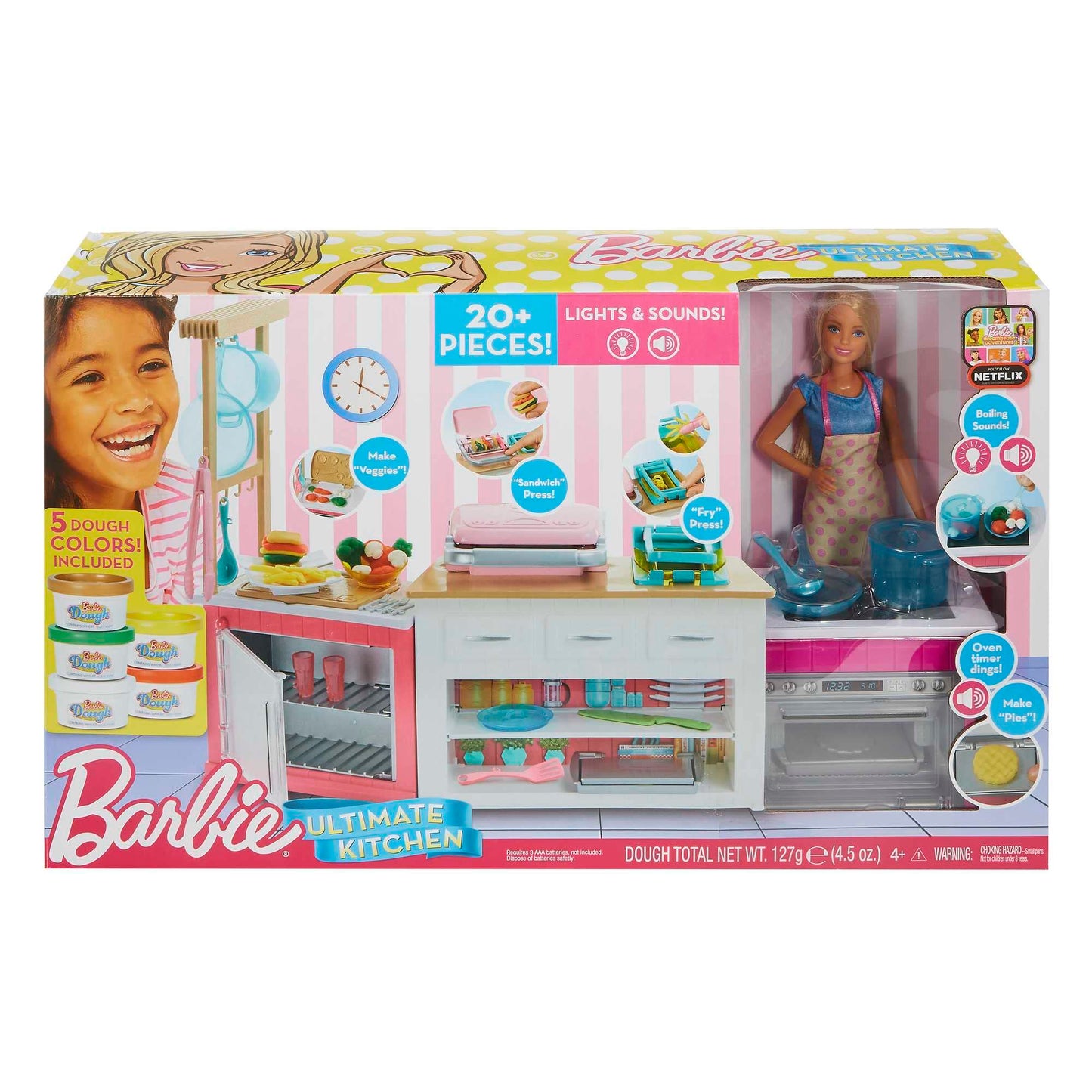 Barbie Ultimate Kitchen with 20 accessories, cooking and baking with light and sound effects, 5 dough colors, includes doll, perfect gift for kids, toy for ages 3 and up, GWY53.