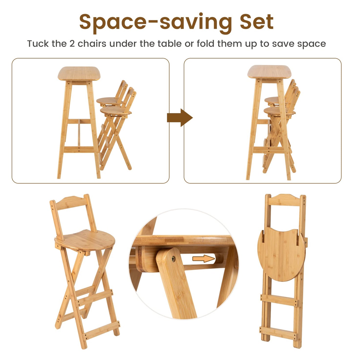 LIFEZEAL folding bar stools, set of 2 bamboo bar chairs, kitchen counter stools with backrest & footrest, folding bistro stools with heart-shaped seat, perfect for bars & kitchens, natural color.