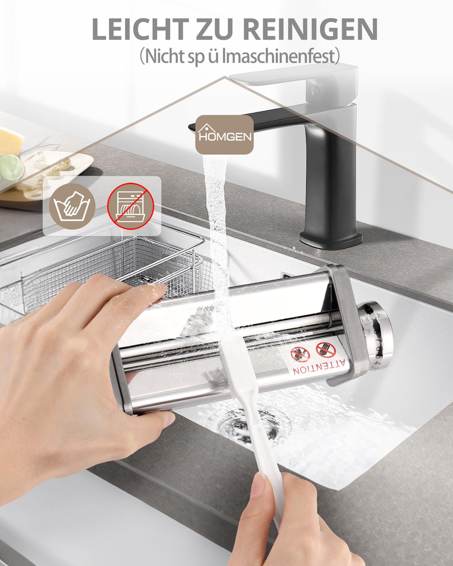 HOMGEN Pasta Attachment Set for KitchenAid stand mixers, including pasta sheet roller, spaghetti cutter & fettuccine cutter. Stainless steel pasta roller accessory with 8 adjustable speeds, 3 parts.