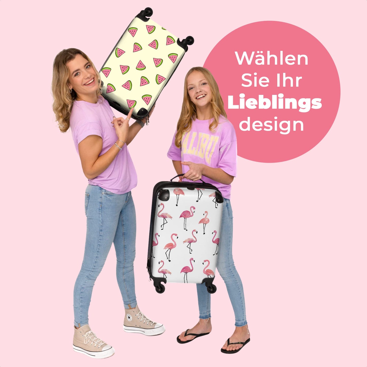 NoBoringSuitcases.com® Kids' suitcase for girls with wheels, hand luggage, suitcase with animal motif - flamingo pattern - pink - children's suitcase trolley, 55x40x20.