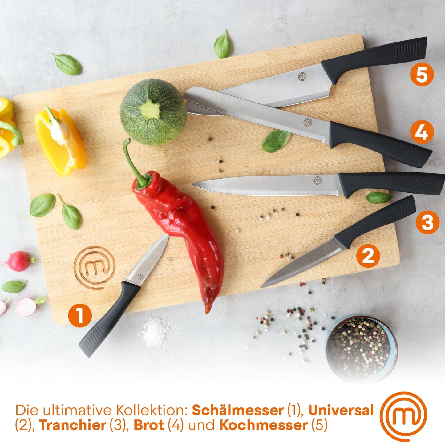 MasterChef knife block with knife cake knife set with Santoku knife, bread knife, chef's knife, vegetable knife, and utility knife, stainless steel, sharp, 5-piece, soft-touch handles.