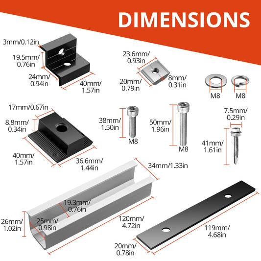 GETLITOOL Solar Module Mounting 4 Module Set, Solar Panel Mount - 12CM Aluminum Mounting Rail, Adjustable Clamp Kit for 30-35MM Thick Modules PV Mounting for Flat Roof Trapezoidal Sheet Tile Roof