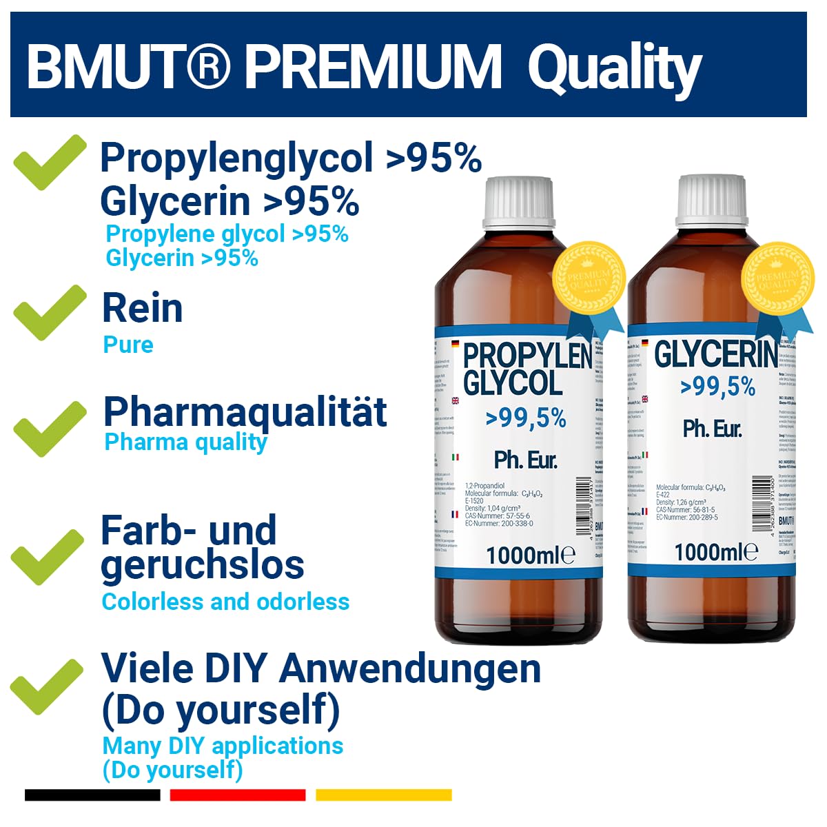 1000ml glycerin + 1000ml propylene glycol in pharmaceutical grade | >99.5% | pure | E422 + E1520 DIY