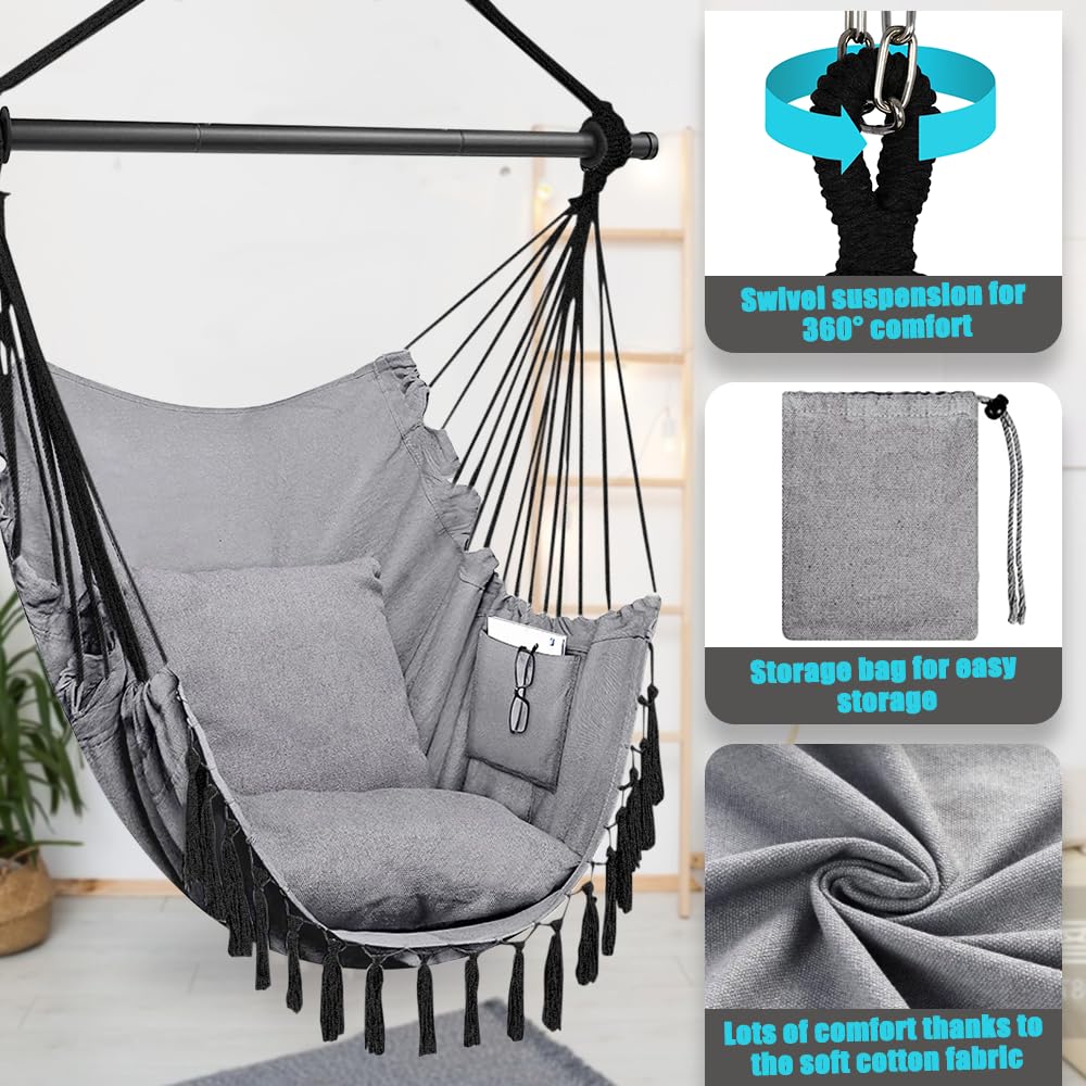 Outdoor & indoor hanging swing chair with 2 pillows & bag, XXL hanging chair for kids & adults up to 330 lbs, hammock swing for living room, bedroom, garden, terrace.