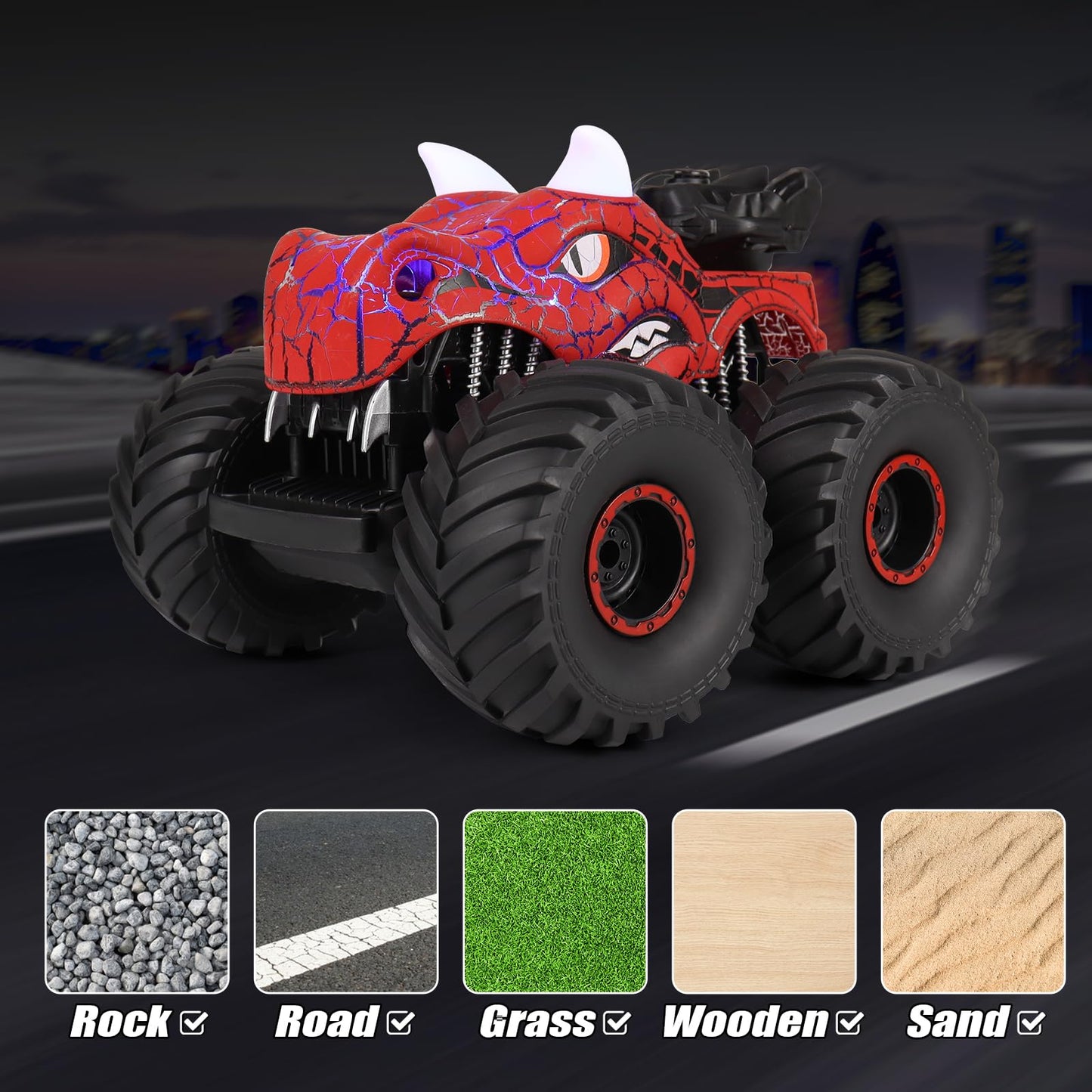 Monster Dinosaur Truck 2.4 GHz Remote Control Brother Car with Light and Sound, Spraying All Terrain Toy Car Gift for Kids 3+ years old.